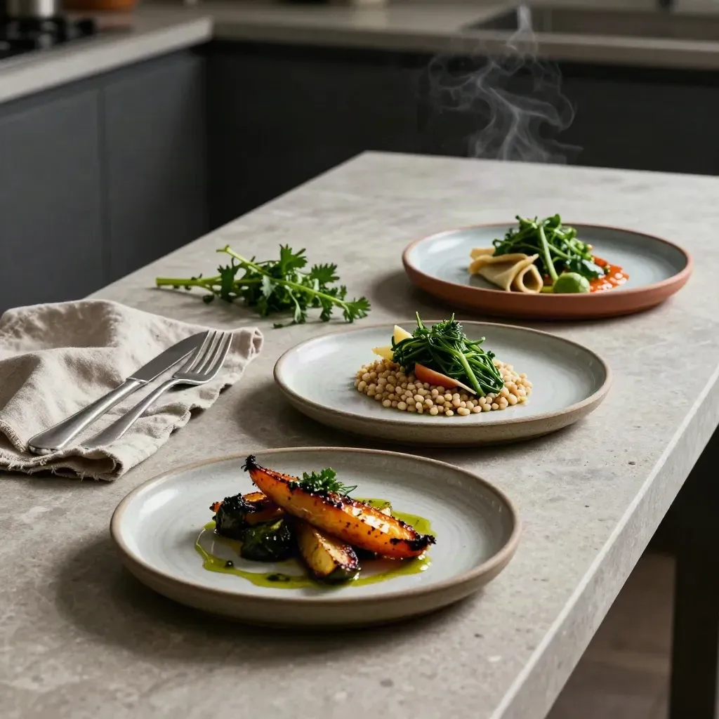 Tre piatti stagionali su pietra chiara, vapore e luce drammatica in cucina.