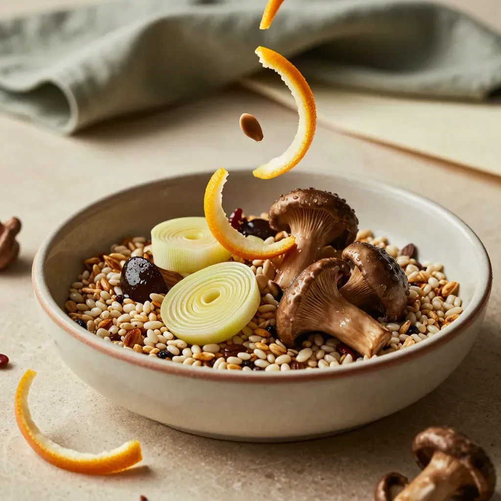 Bowl di cereali con porri, funghi e scorze di agrume su ceramica chiara, vista dall'alto.