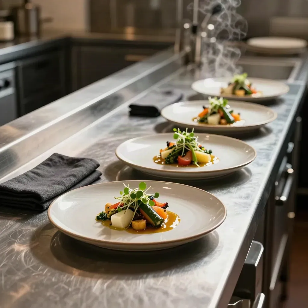 Tre piatti finiti su banco in acciaio, microgreens, salsa e vapore nella luce calda.
