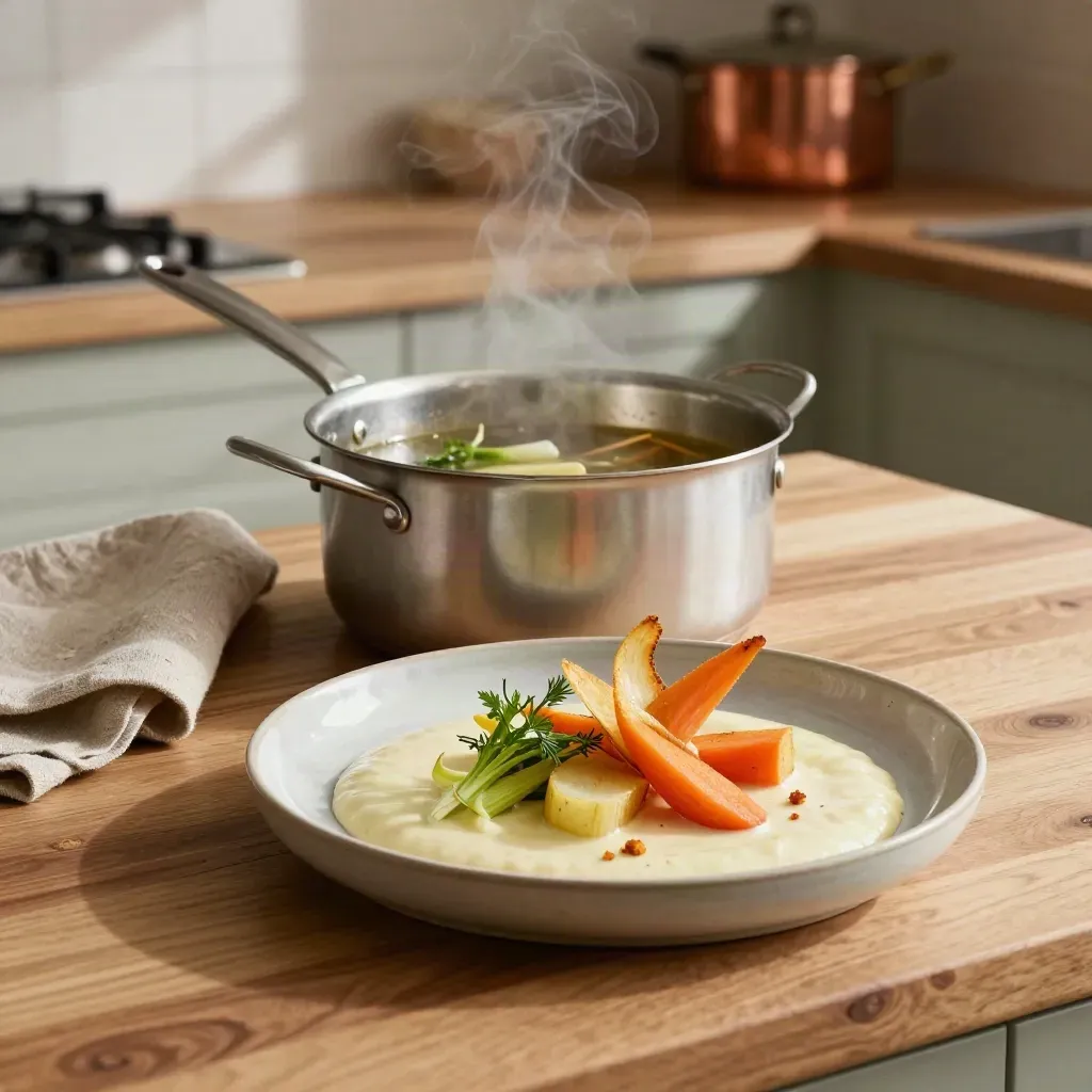 Brodo elegante da scarti vegetali, bucce croccanti e salsa finita in una cucina luminosa.