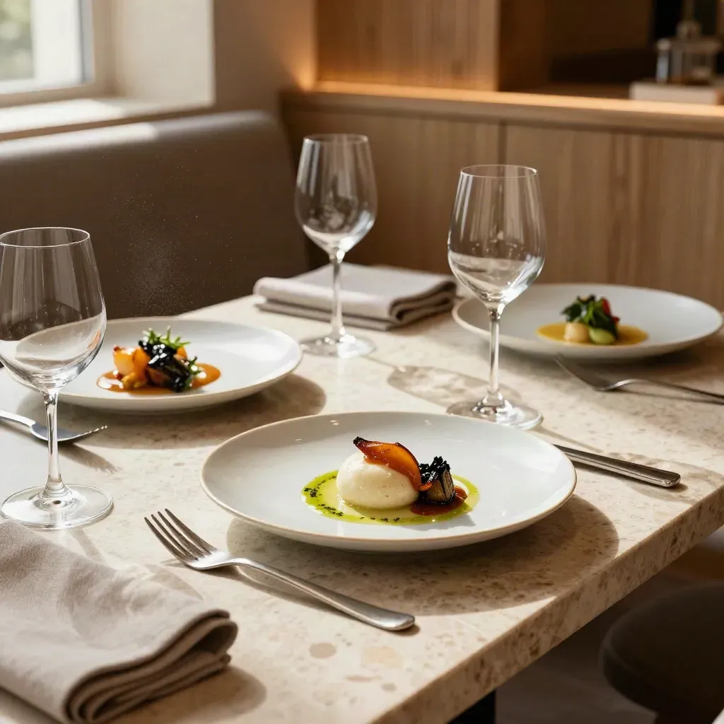 Tavolo di ristorante con tre piatti curati, calici e runner di lino in luce naturale.