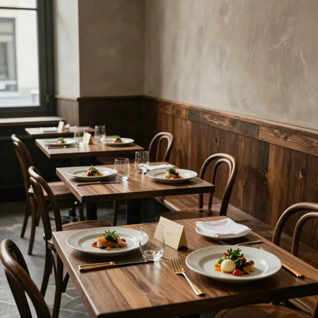 Sala vuota di bistrot milanese con tavoli apparecchiati e luce calda del tardo pomeriggio.