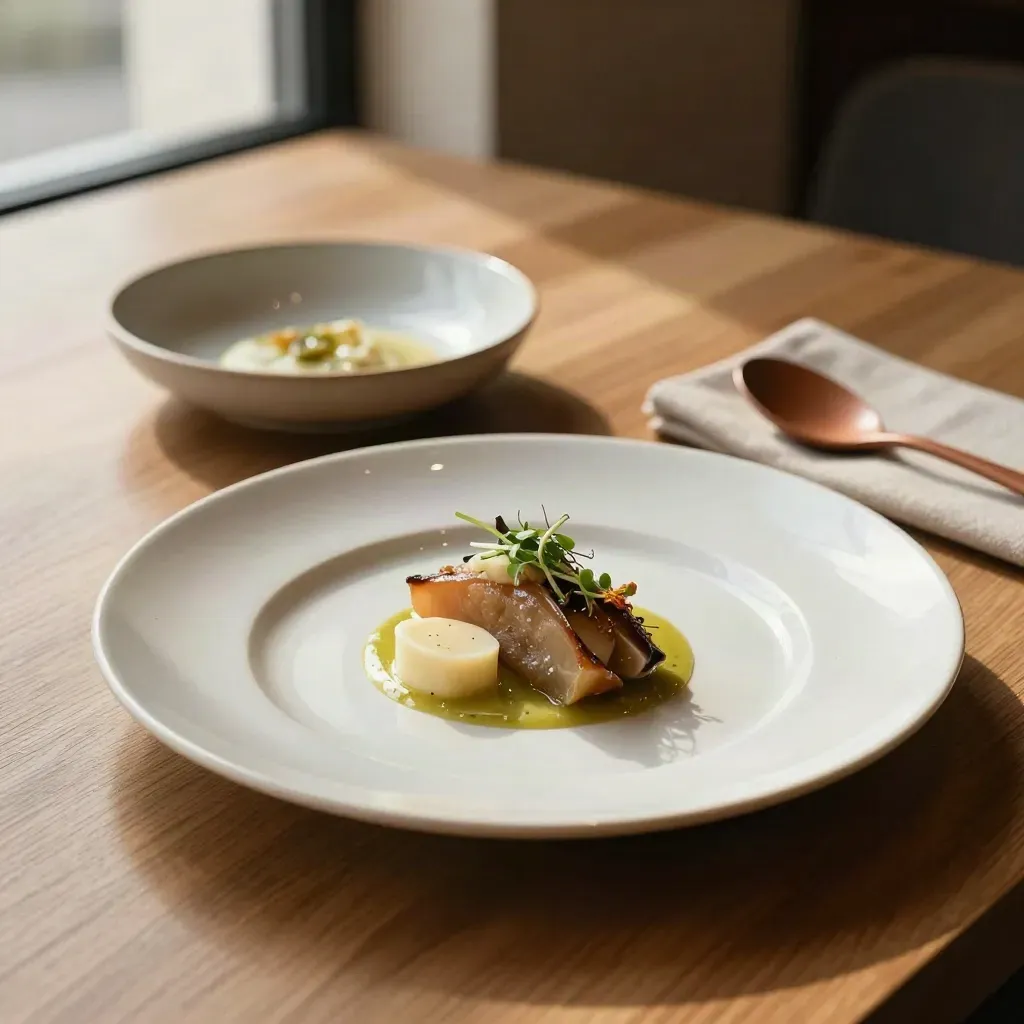 Tavola ristorante con piatto finito, ceramiche neutre e luce morbida da finestra.
