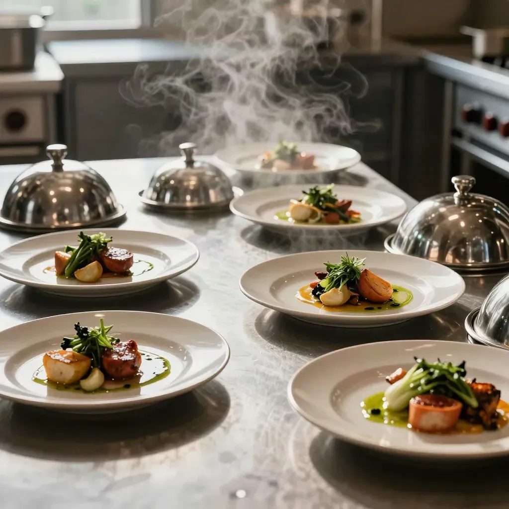 Pass di servizio vuoto con piatti allineati, vapore e cloche aperte in cucina.