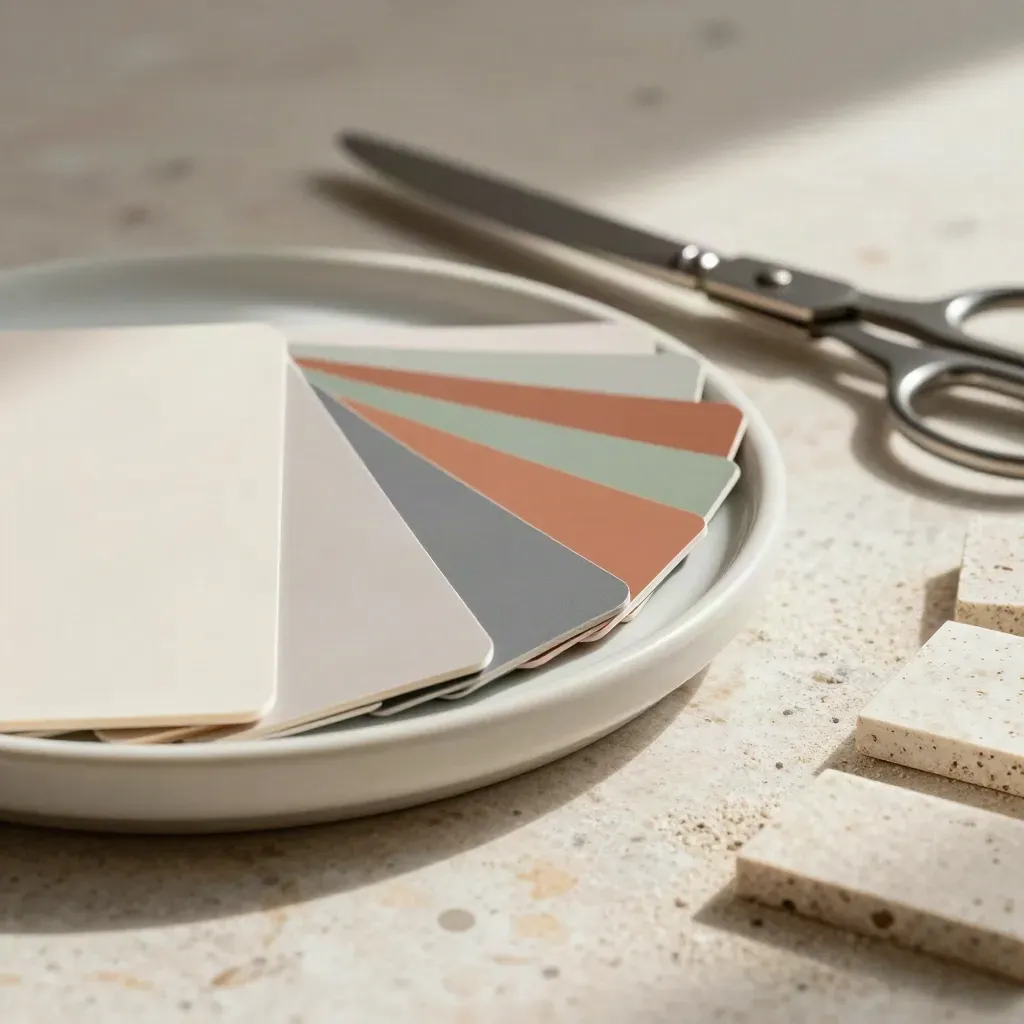Kit food design su travertino con saucer, swatch colore, forbici per erbe e campioni pietra.