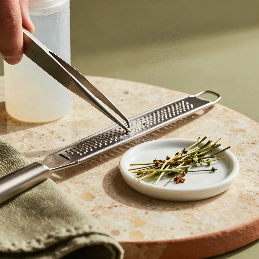 Strumenti di food styling su travertino e ceramica, visti dall’alto con luce radente.