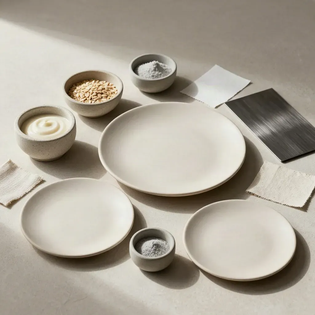 Piatto in ceramica, ciotole campione e swatch materici su fondo chiaro, composizione minimale