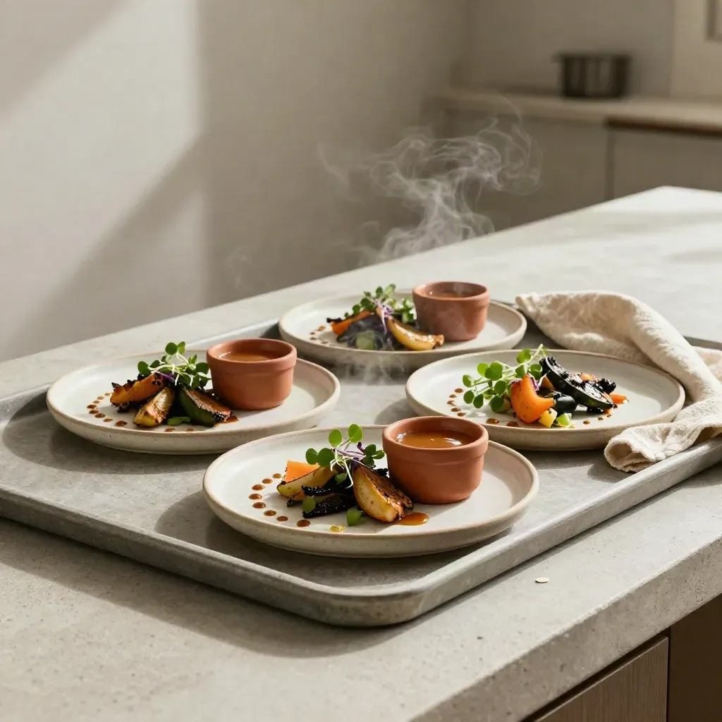 Piatti di prova con salse, verdure saltate, microgreens e riduzione su vassoio di pietra.